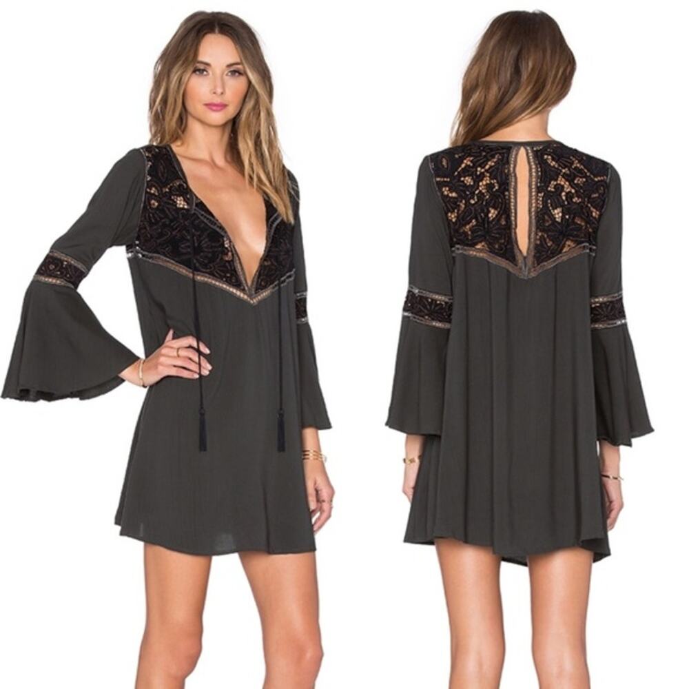 Cleobella Mini Dress Womens XS Charcoal Grey Lace Crochet Bell Sleeve‎ Boho